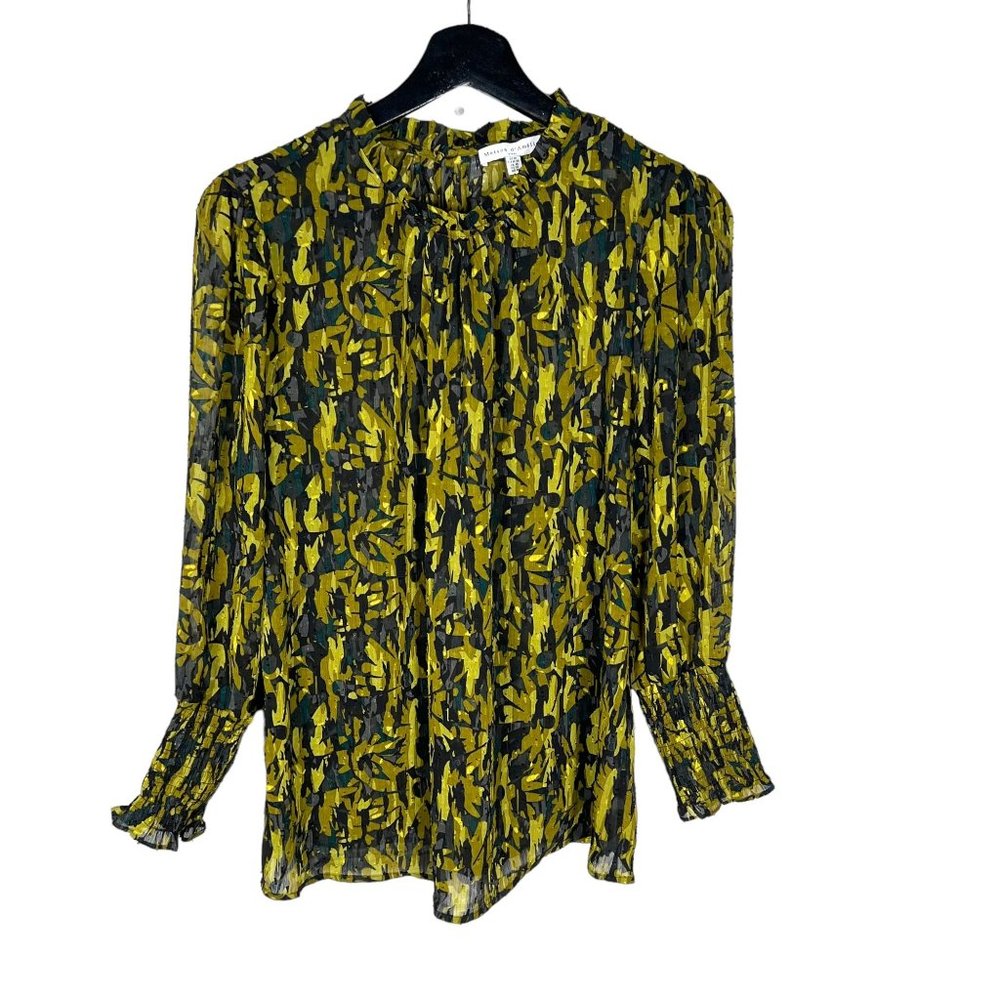 Maison D'Amelie Green Black Floral Long Sleeve Flowy Top Medium